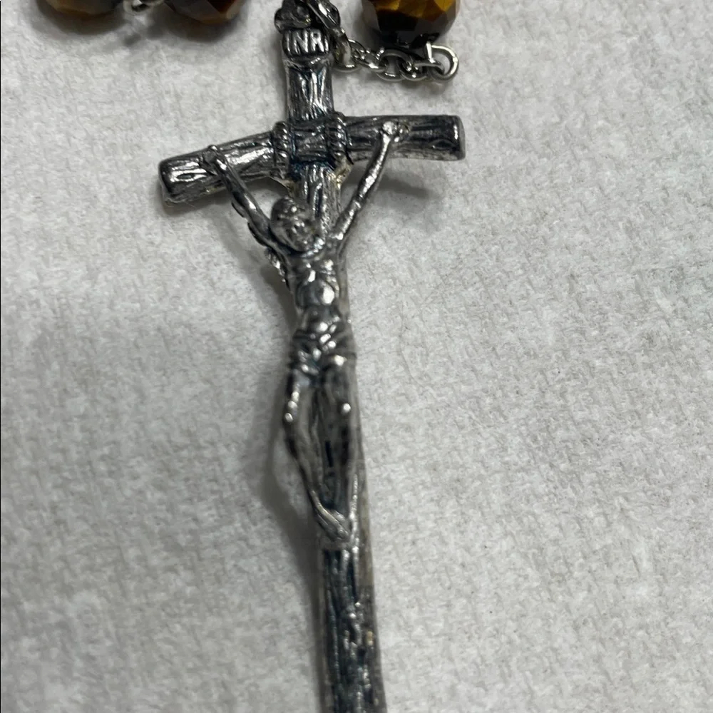 Vintage Silver and Brown Beaded Rosary Necklace
